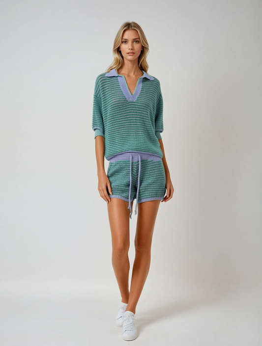 Green Striped Elegance 2-Piece Shirt & Shorts Set